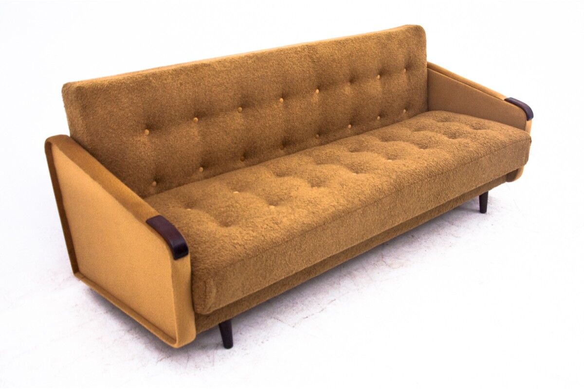 Midcentury modern yellow fabric bouclé sofa, Denmark, 1960s. After restoration.