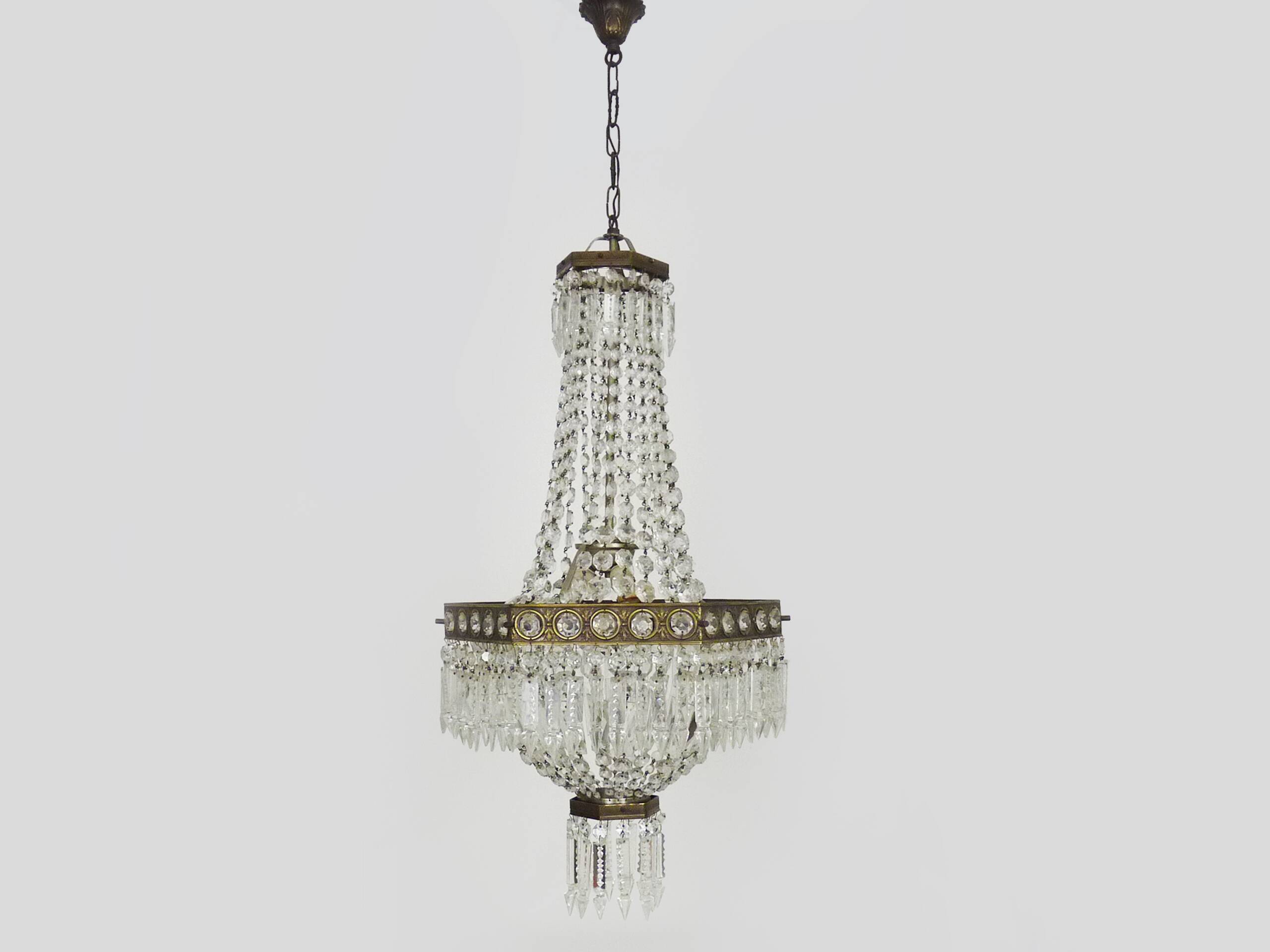Old large 3-light hot air balloon chandelier in bronze, glass pendants.