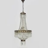 Old large 3-light hot air balloon chandelier in bronze, glass pendants.