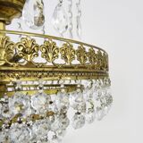 Chandelier, brass crown ceiling light, 5 floors, 3 lights, glass pendants. 60s