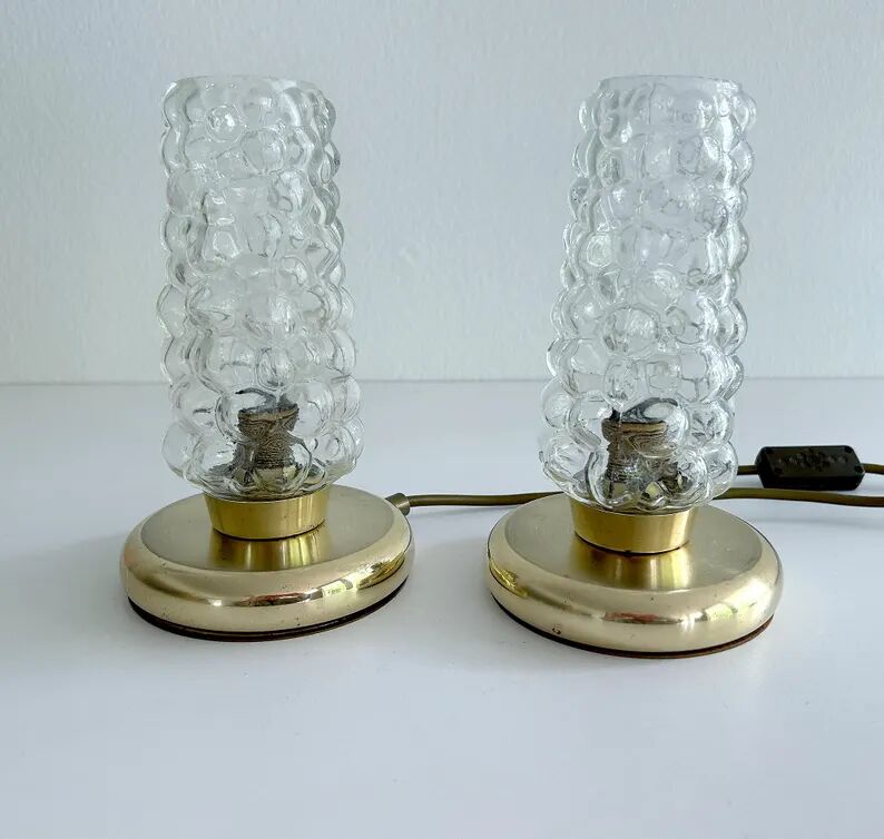 Pair Vintage Bubble Glass Table Lamps, Bedside, Brass