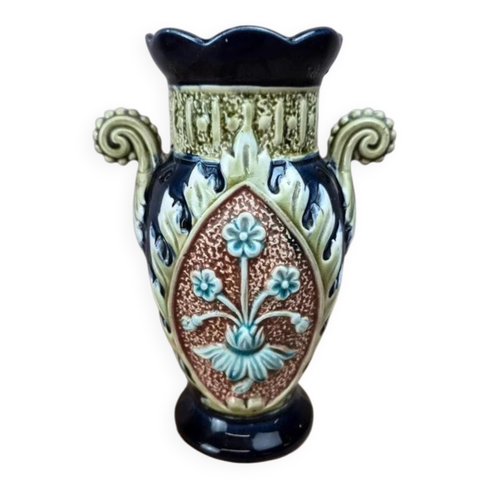 Gustave De Bruyne barbotine vase Fives Lille with an old floral decoration and stylised handles.