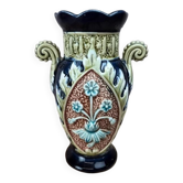 Gustave De Bruyne barbotine vase Fives Lille with an old floral decoration and stylised handles.