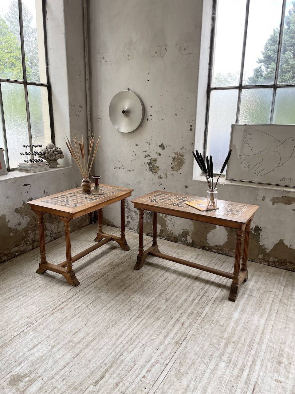 Set of two bistro tables in walnut and tiling from 1890.