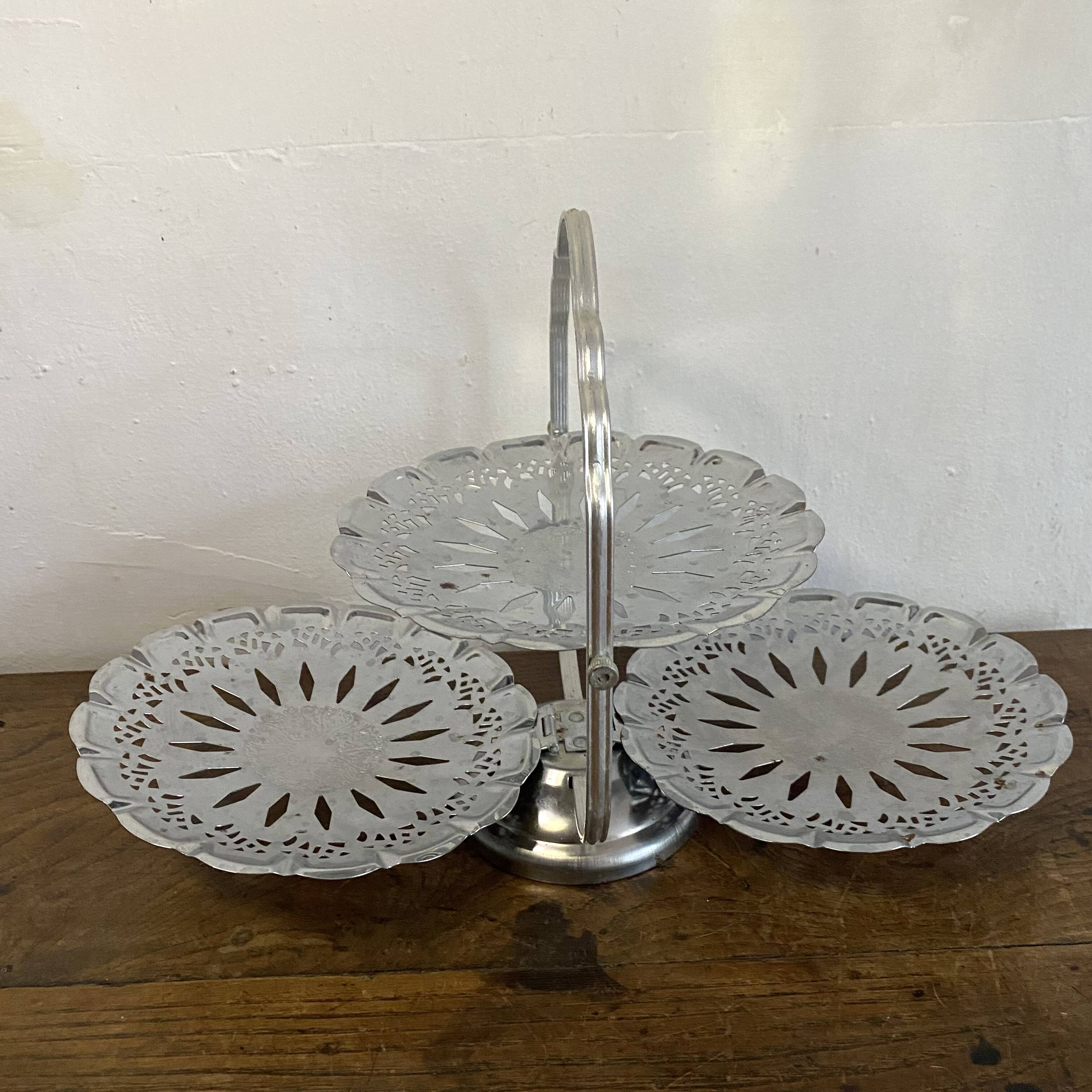 Vintage stainless steel serving platter with 3 tiers