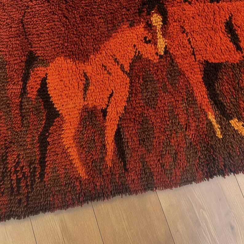 Tapis et tapisserie RYA vintage des années 1970 en marron et orange avec cheval