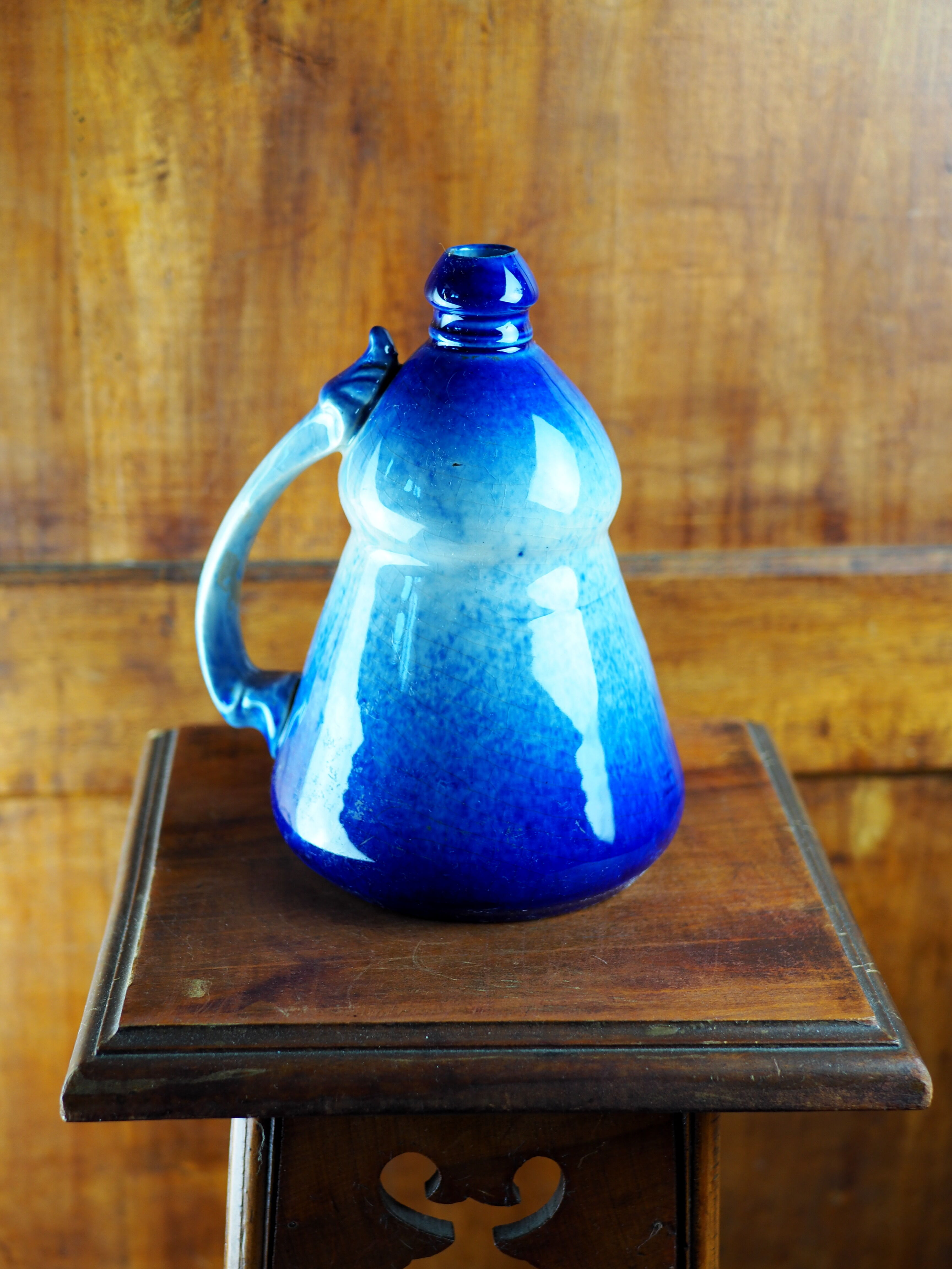 Conical jug with blue glaze and elaborate handle - folk art - early twentieth century
