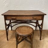 Vintage rattan and canning desk with its stool