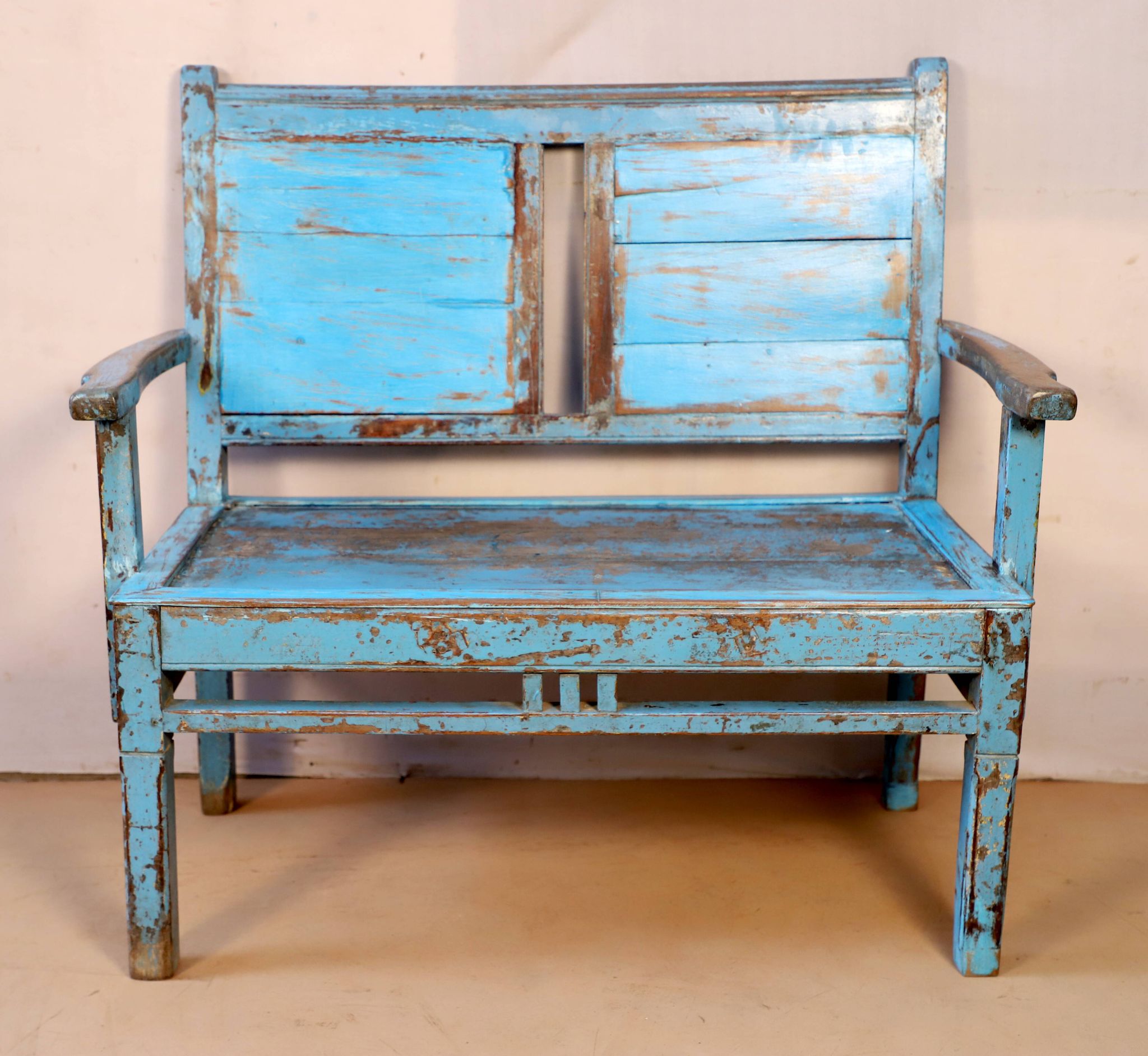 Old 2-seater Burmese teak bench with original blue patina