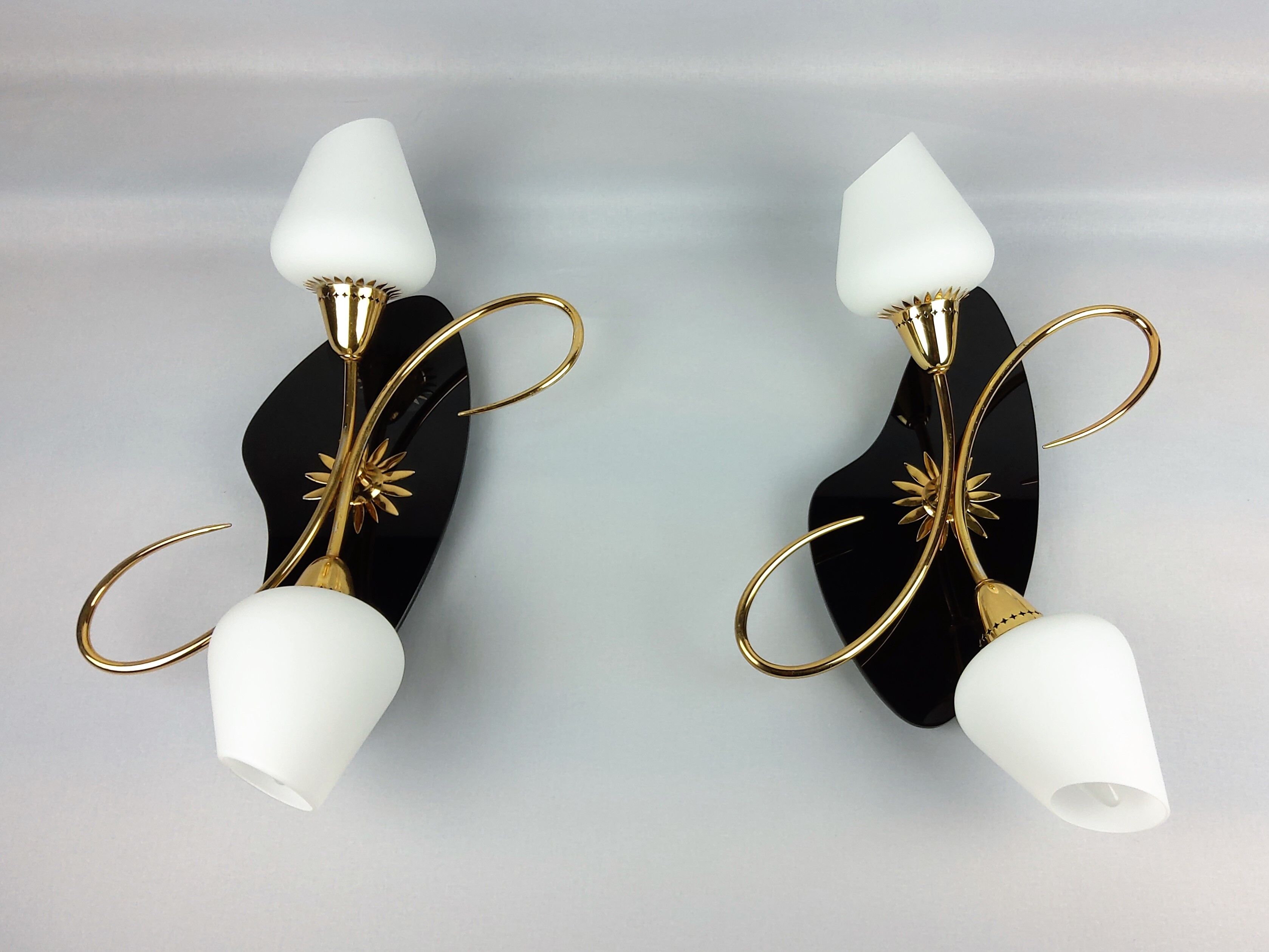 Arlus black and brass opaline sconces 1960