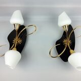 Arlus black and brass opaline sconces 1960