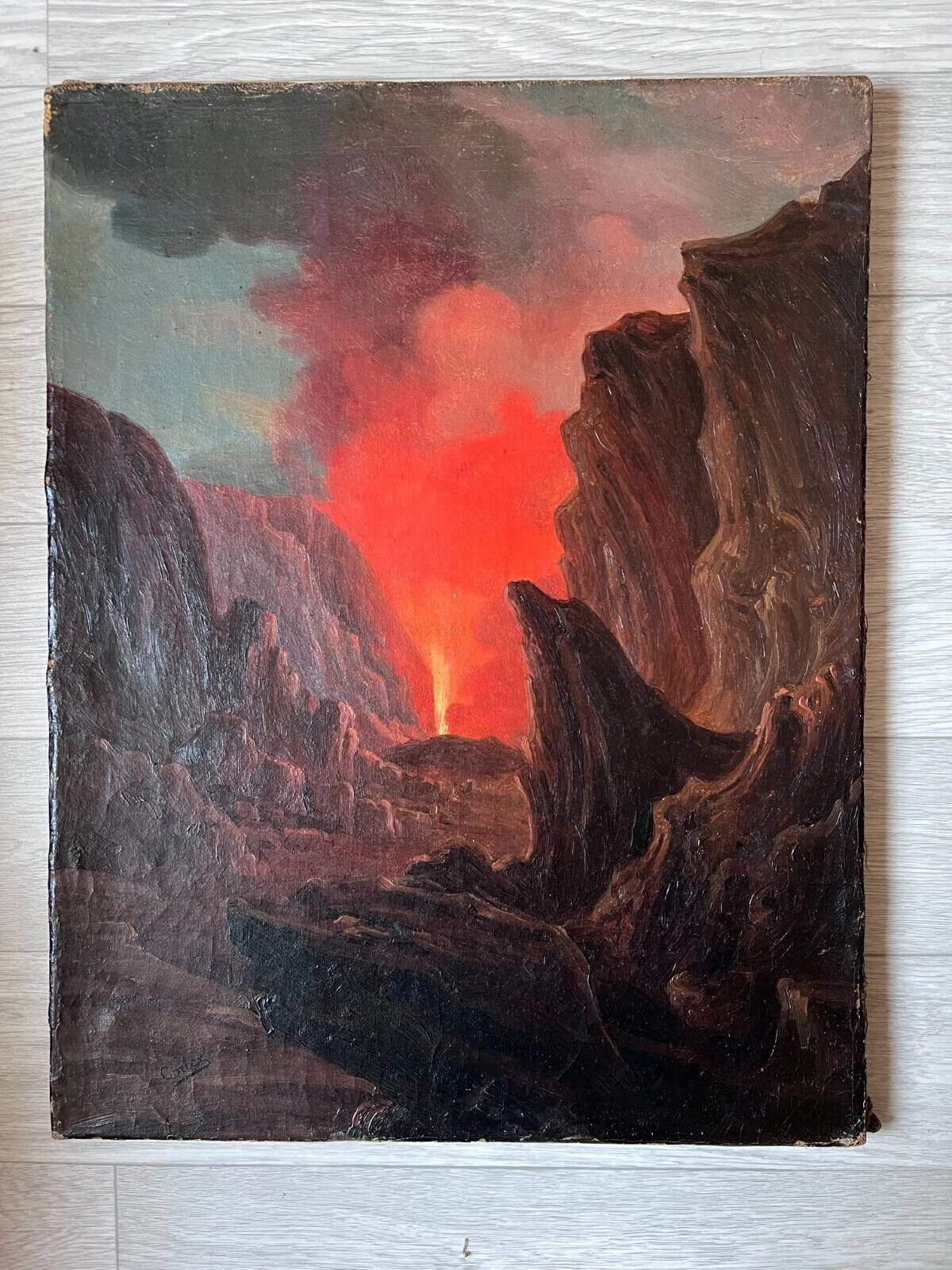 Original Tableau Ancient Landscape 19th Century Erupting Volcano