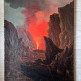 Original Tableau Ancient Landscape 19th Century Erupting Volcano