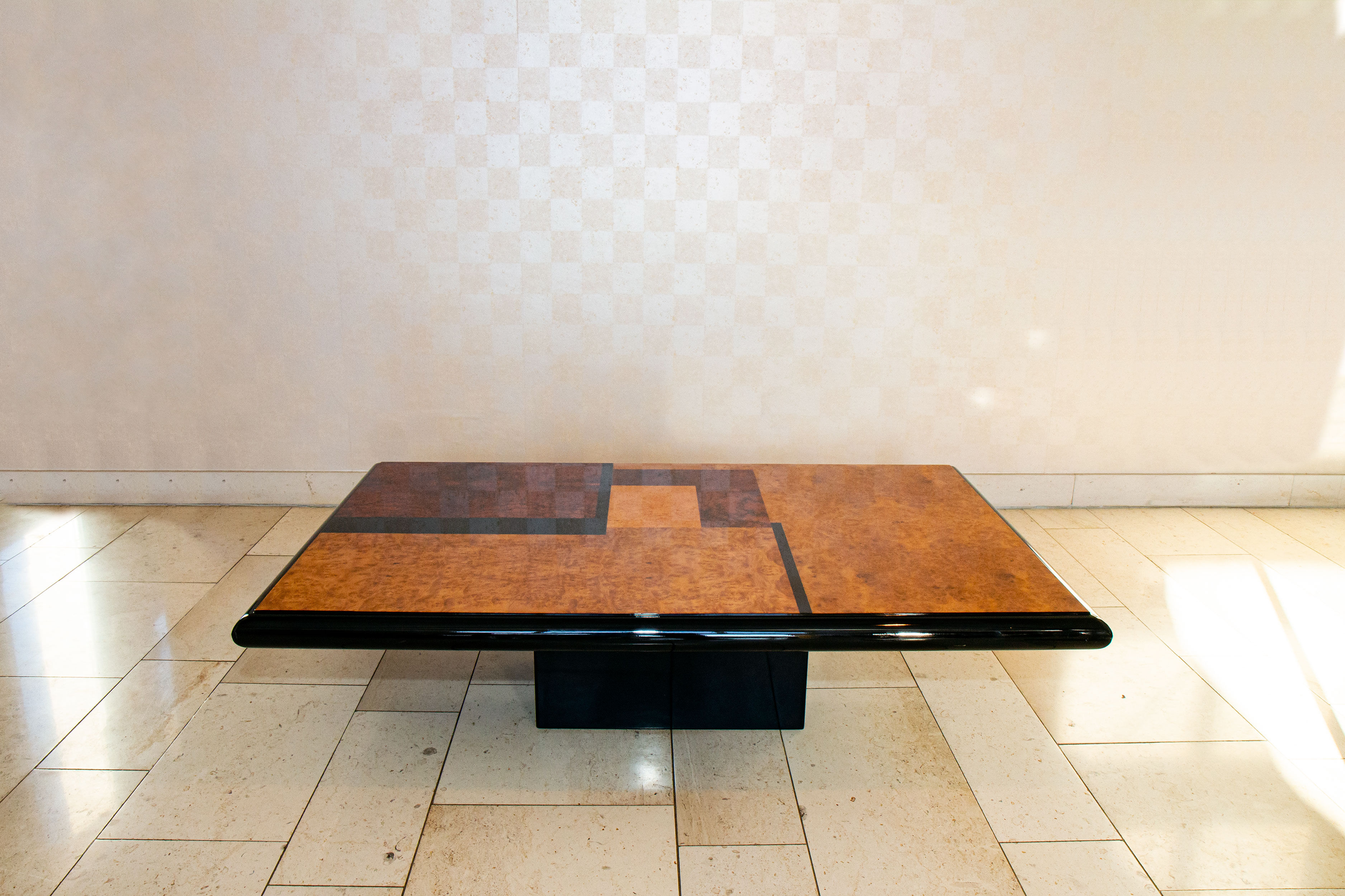 Coffee table, elm magnifying glass marquetry, bramble and black lacquer, 1980
