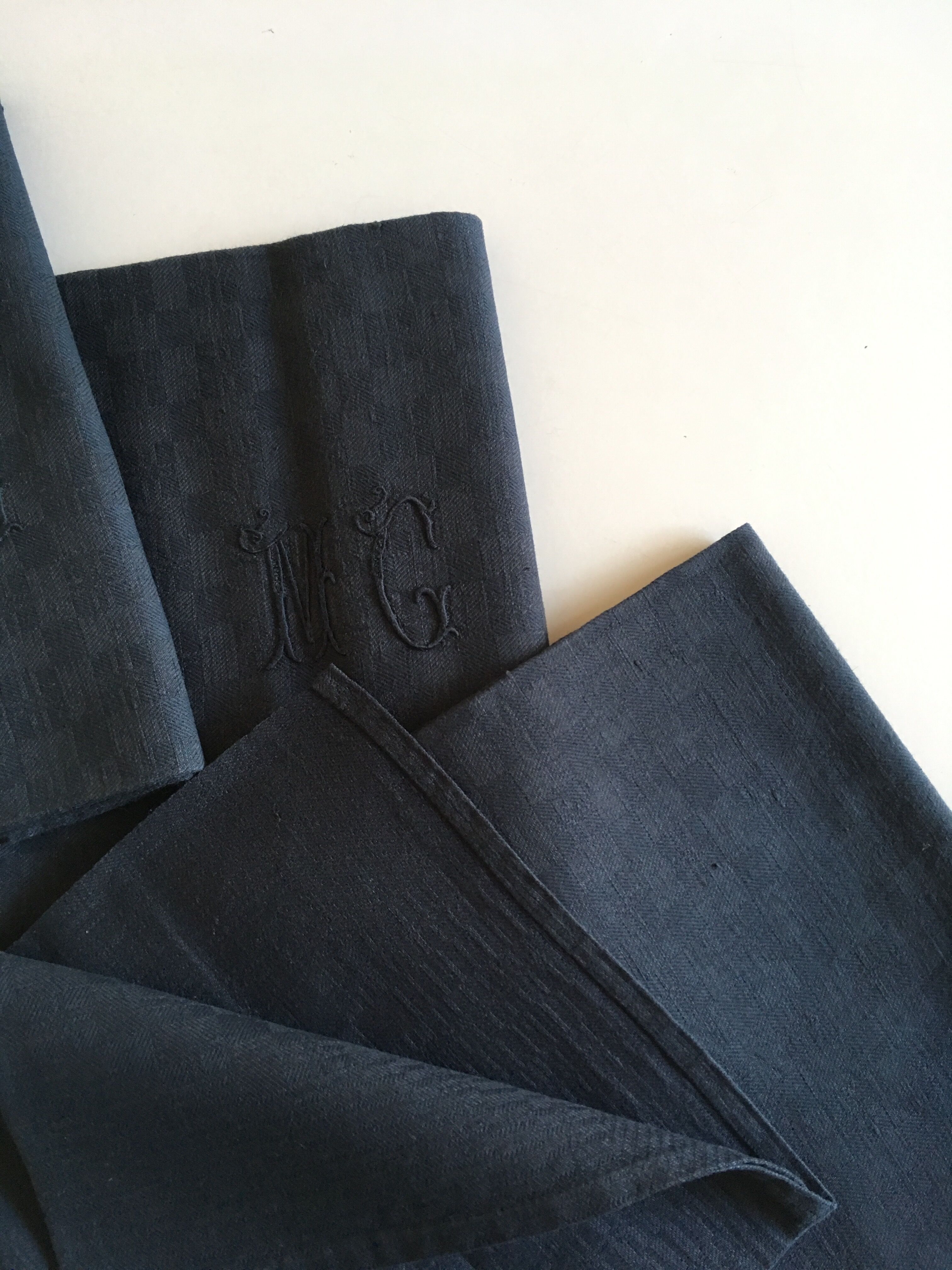 Set of 4 old black damask towels embroidered monogram MC, circa 1920
