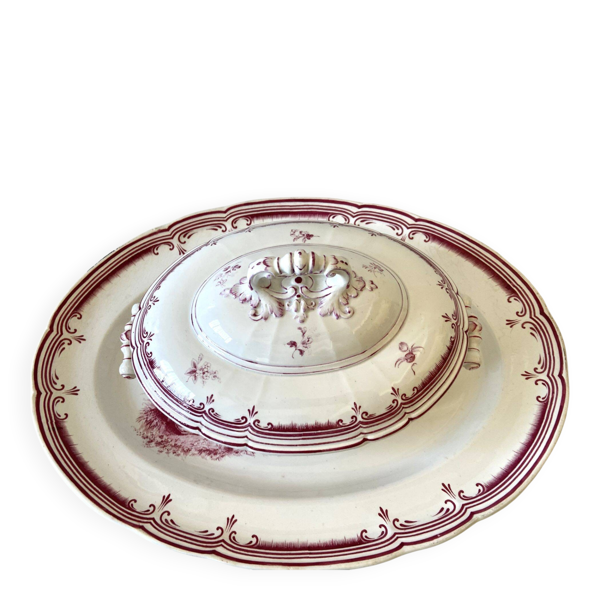 Vegetable dish, Fine Earthenware, Paris, France, Pink Crests, B&Cie Barluet, Creil