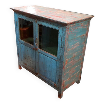 Blue and red glass sideboard with large old teak wood top