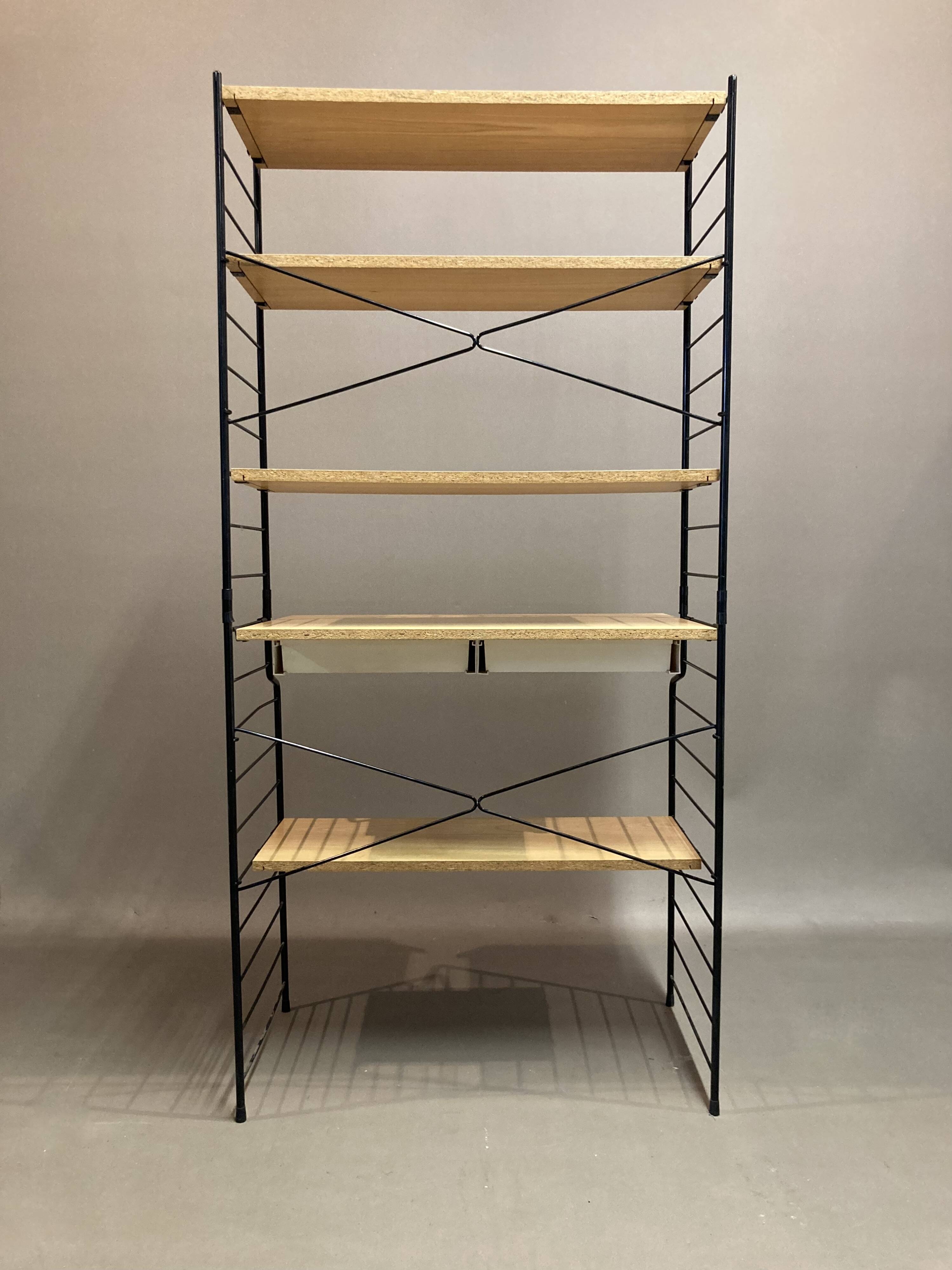 Modular bookcase and stool in black metal and beech, 1960