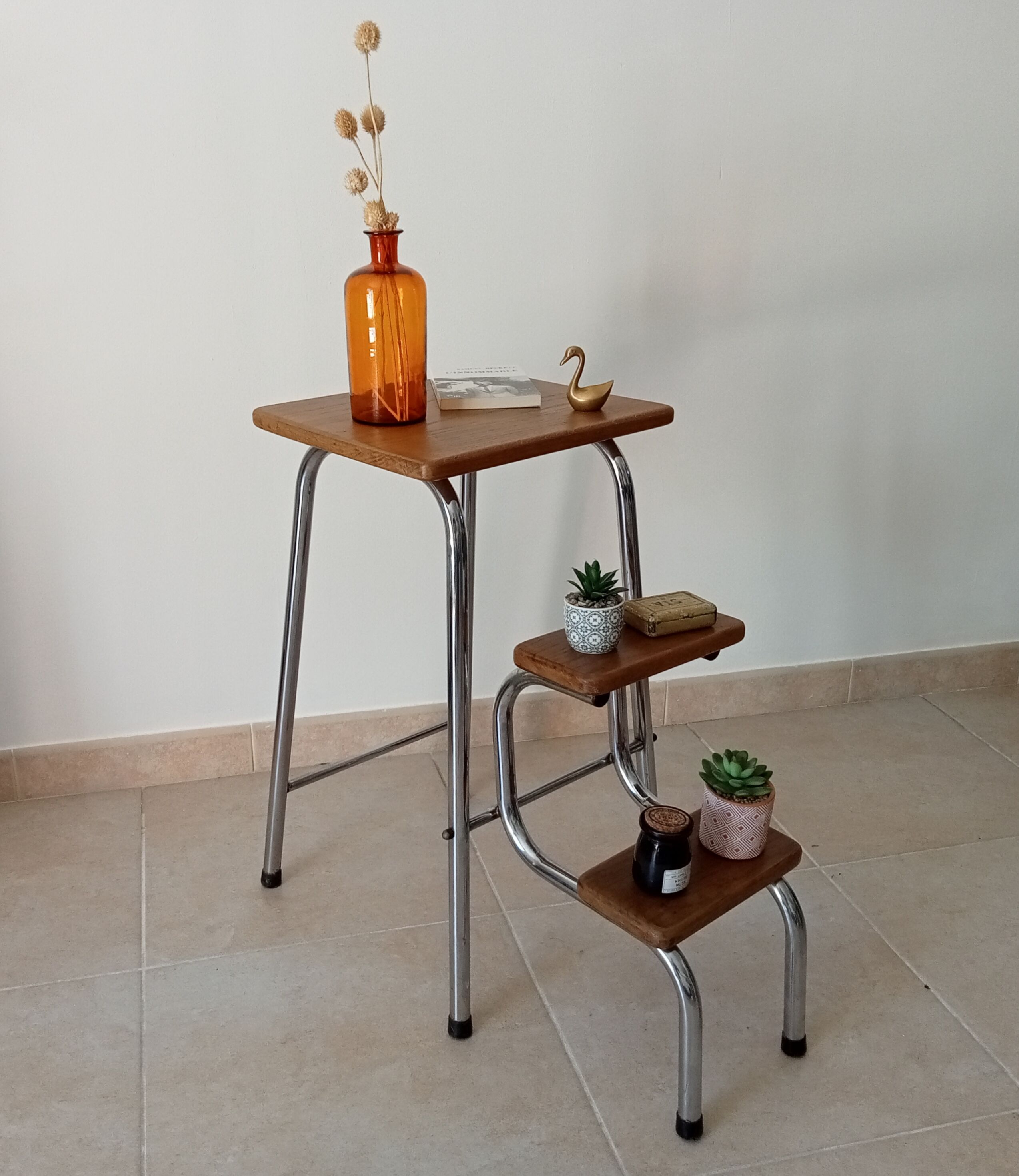 Stepladder stool vintage chrome and solid oak 60/70s