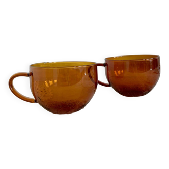 Paire de tasses à thé rondes en verre vintage verre ambré