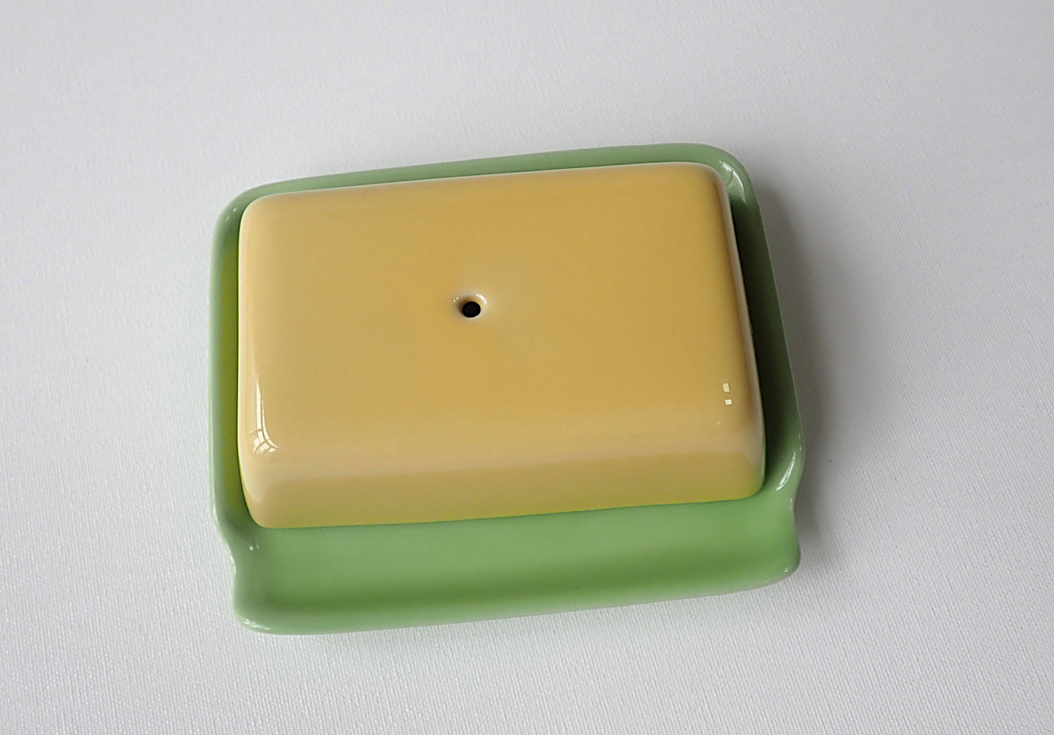 Small vintage ceramic butter dish - green and yellow
