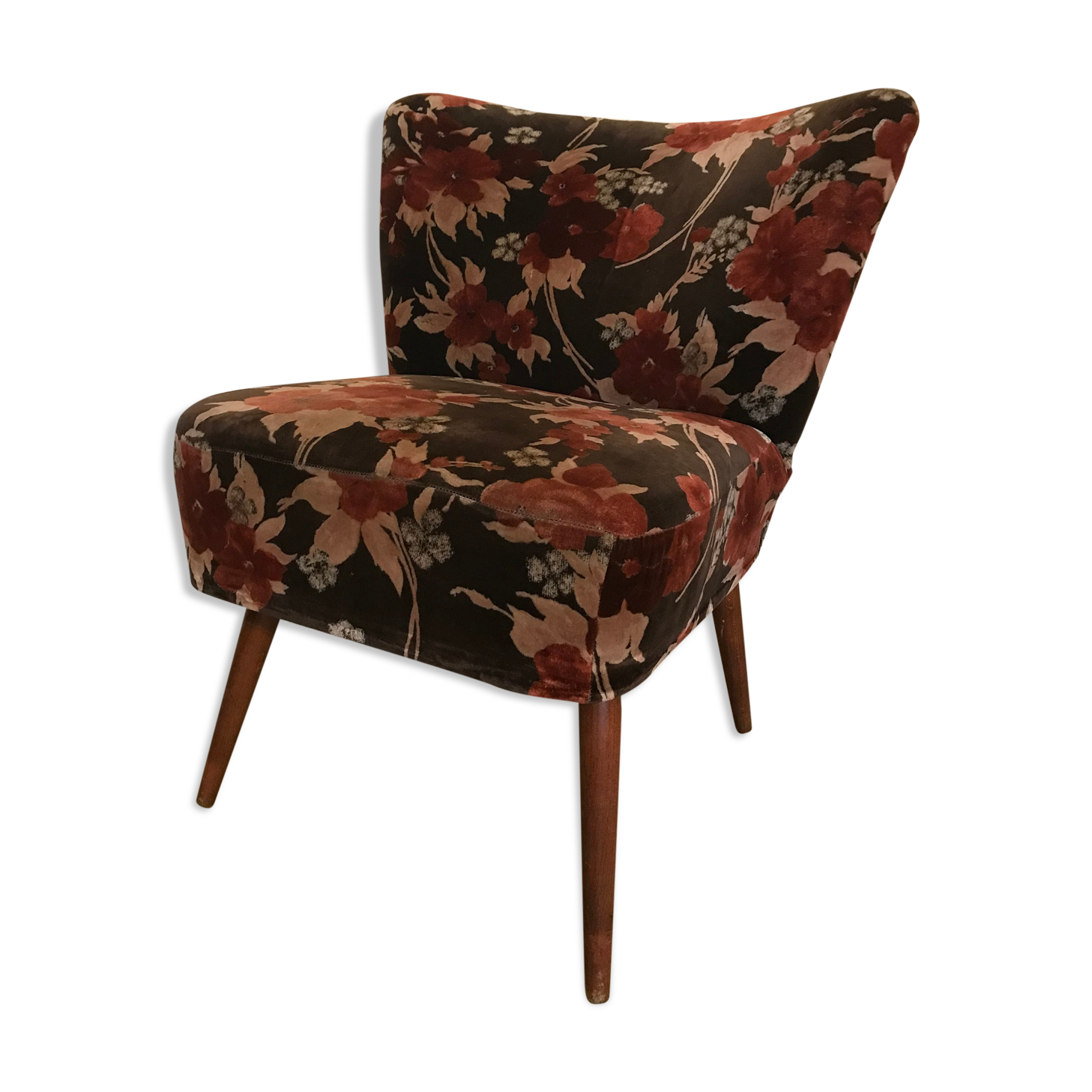 Vintage cocktail armchair 1960 feet compass and fabric flowers