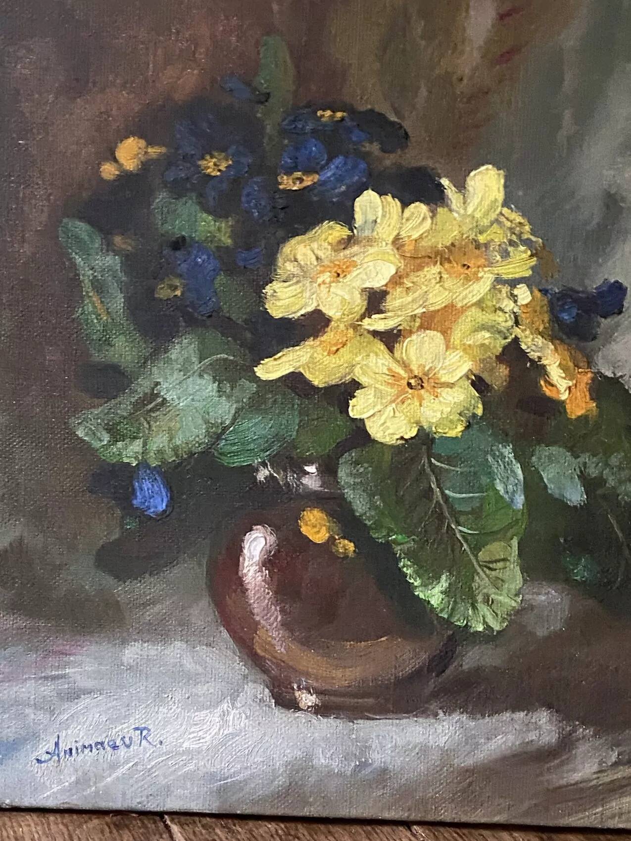Old painting primroses signed Rinat Animaev – Russian school – oil on