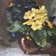 Old painting primroses signed Rinat Animaev – Russian school – oil on
