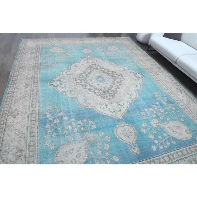 1960s Vintage Persian Handmade Wool Cotton Turquoise Area Rug 293x378