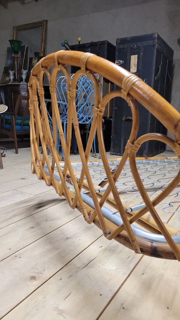 Lit banquette corbeille en rotin vintage- 1950s
