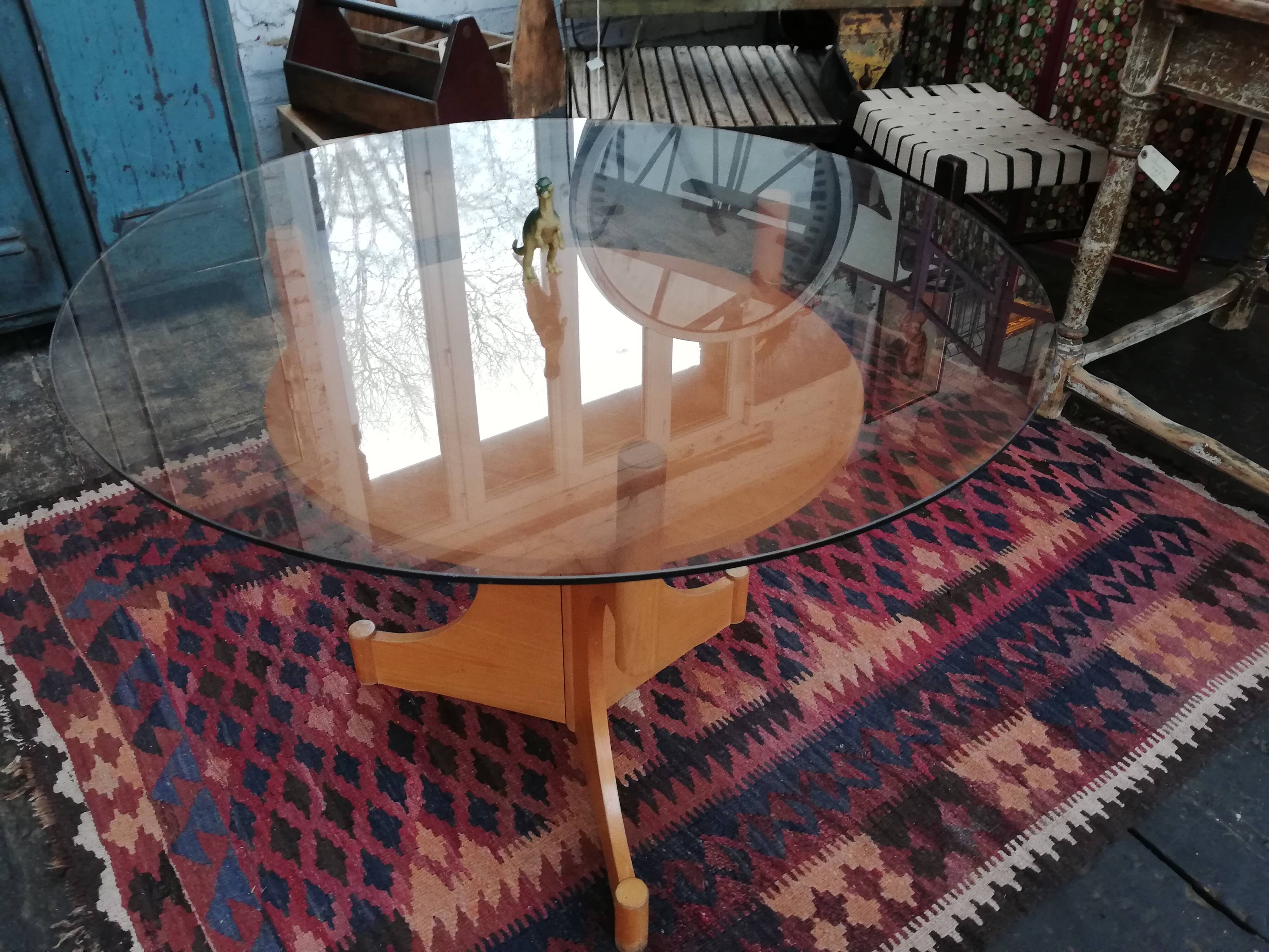 Vintage round wooden table and glass top, Czech, 1960, central leg