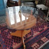 Table ronde vintage en bois et plateau verre, tchèque, 1960, pied central