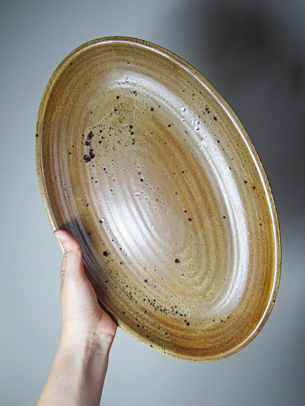 Grand plat de service ovale grès/céramique artisanal vintage Salins années 60