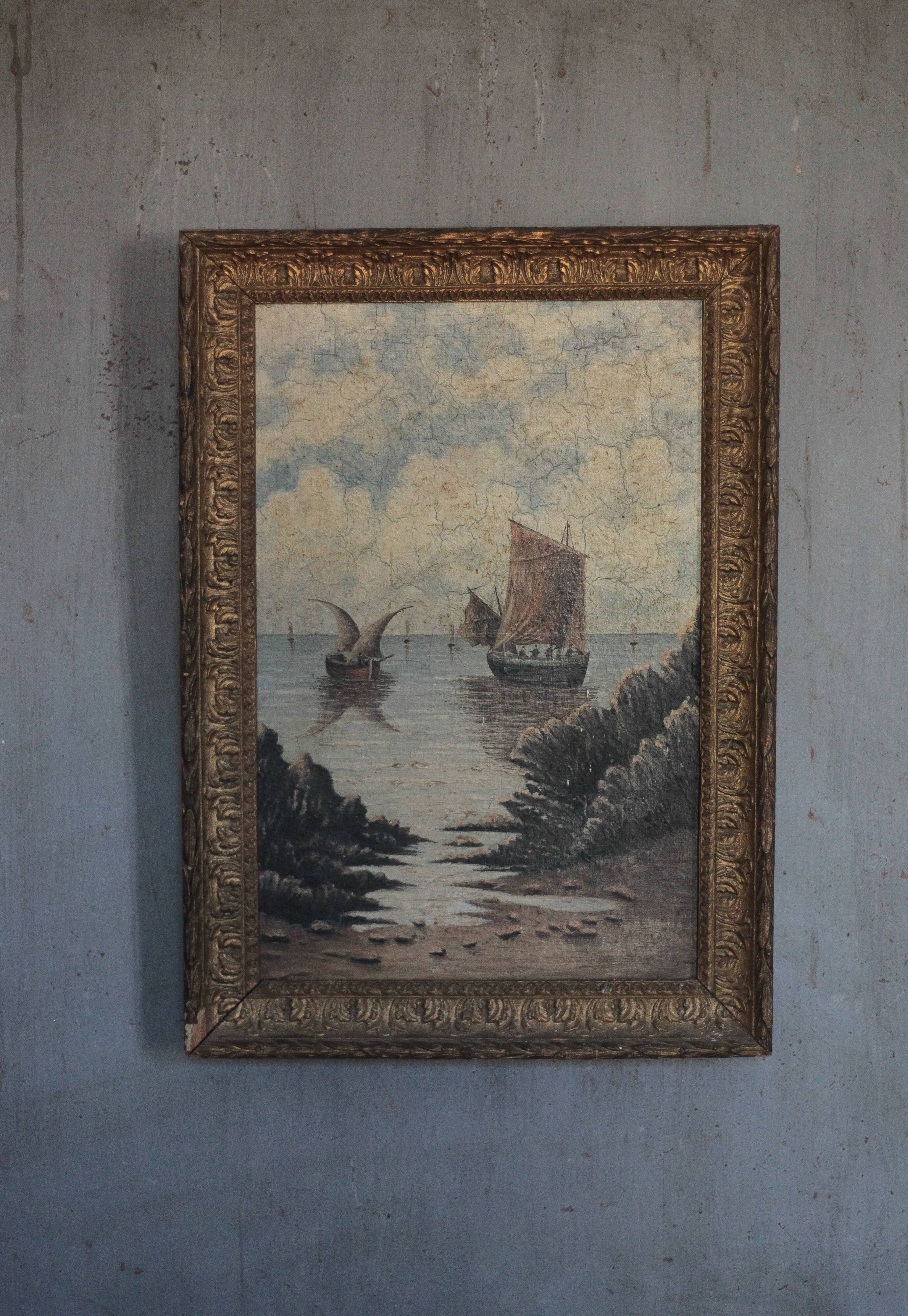 Old painting, marine painting, framed painting, wall painting, boat