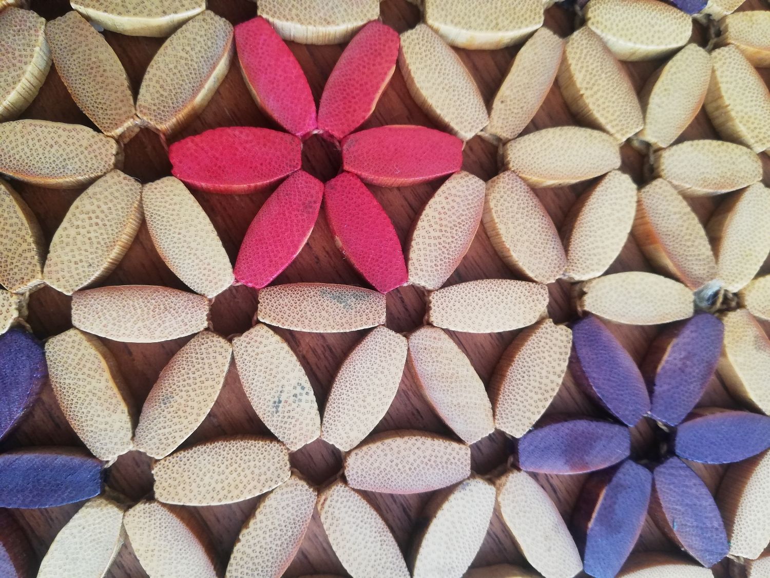 Vintage flower coaster beige purple and pink wood beads