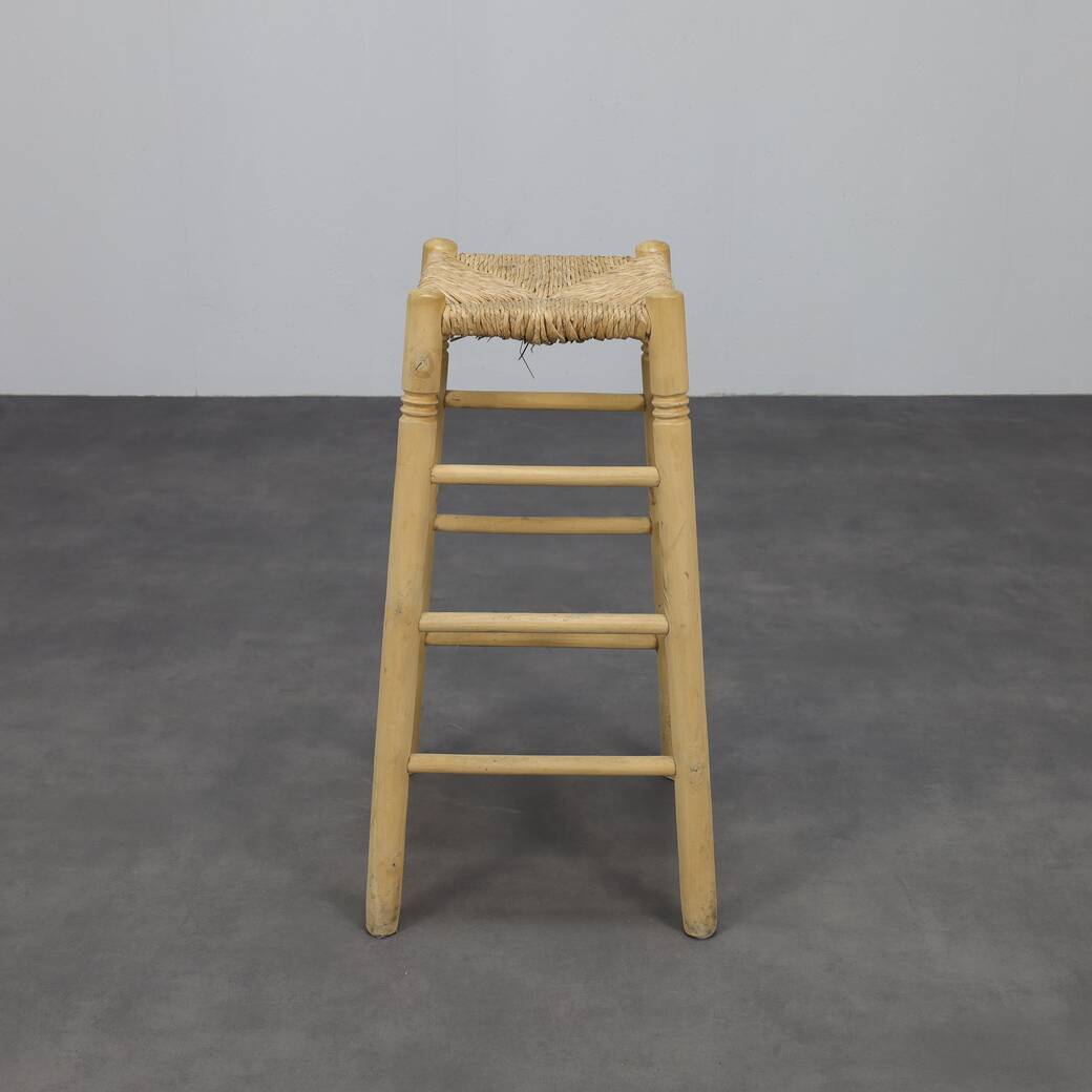 Set of 4 Barstools in Wood and Cane, 1970s