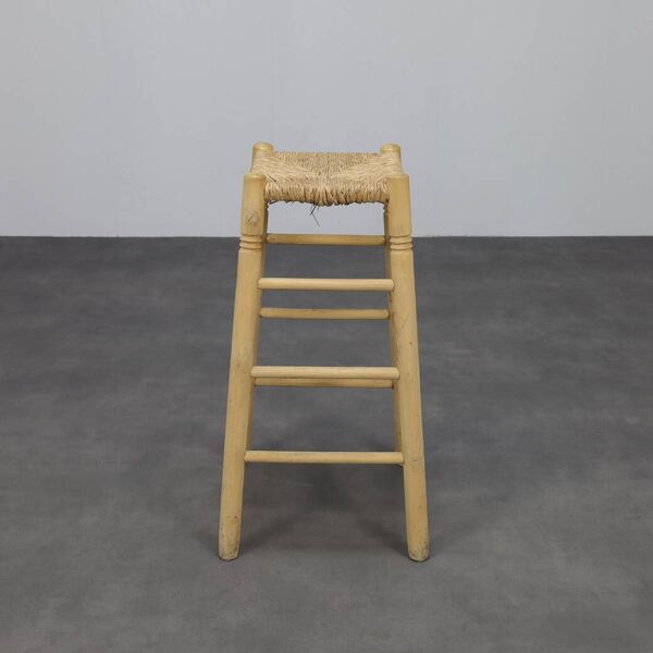 Ensemble de 4 tabourets de bar en bois et rotin, années 1970