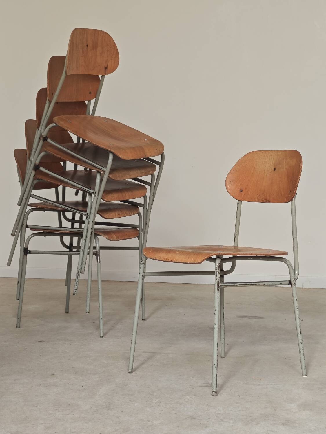 Set of 6 metal and wood school chairs  
Former Czechoslovakia 1960