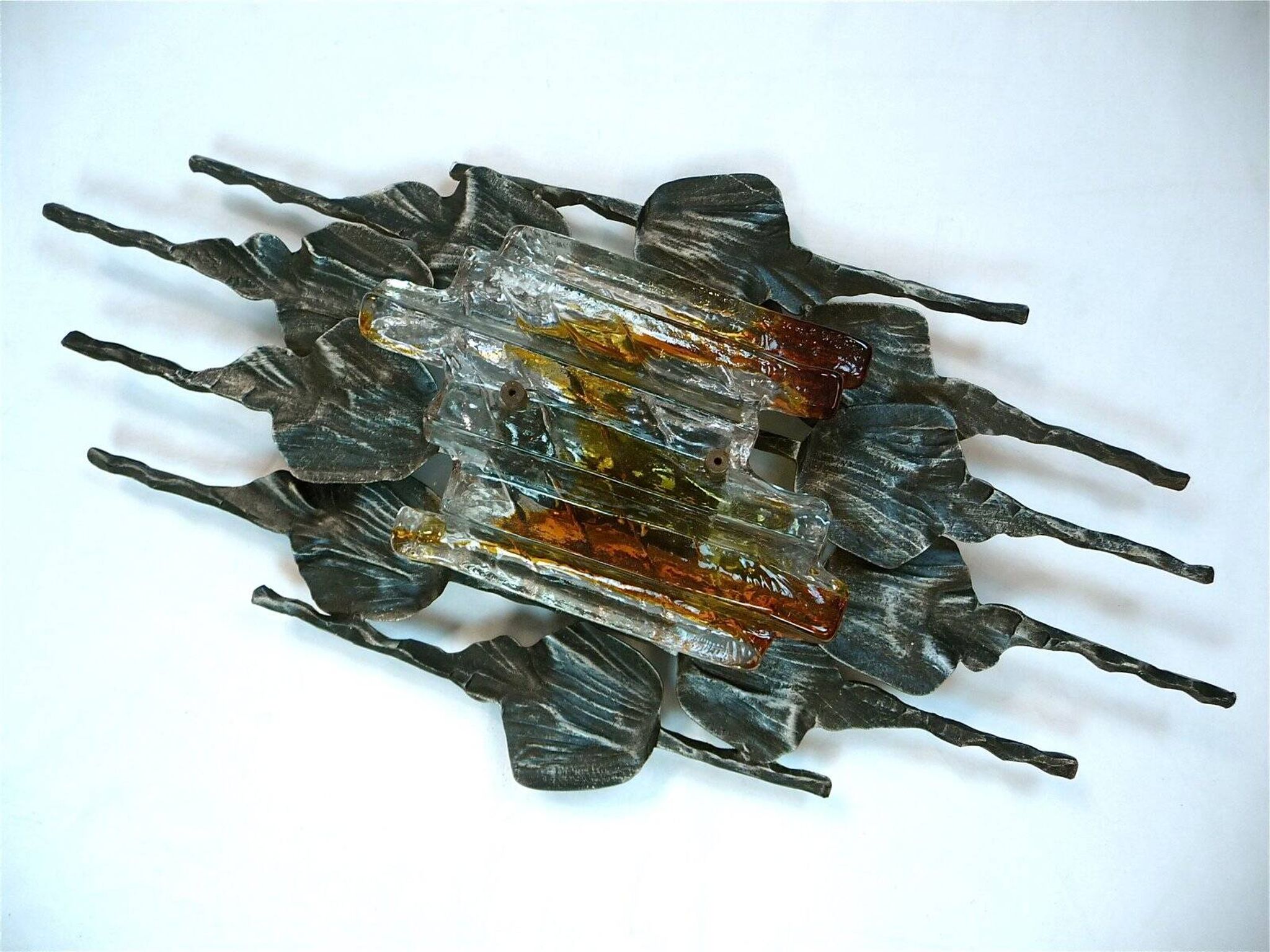Large brutalist iron & ice Murano glass sconce / wall lamp, 1960s