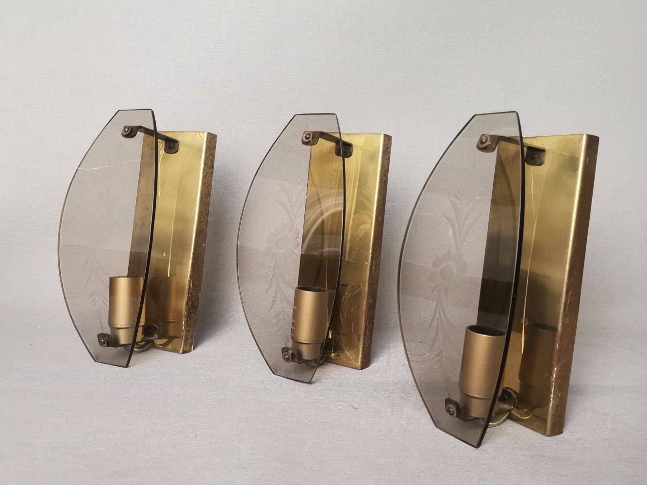 Set of 3 smoked glass and brass wall sconce lamps