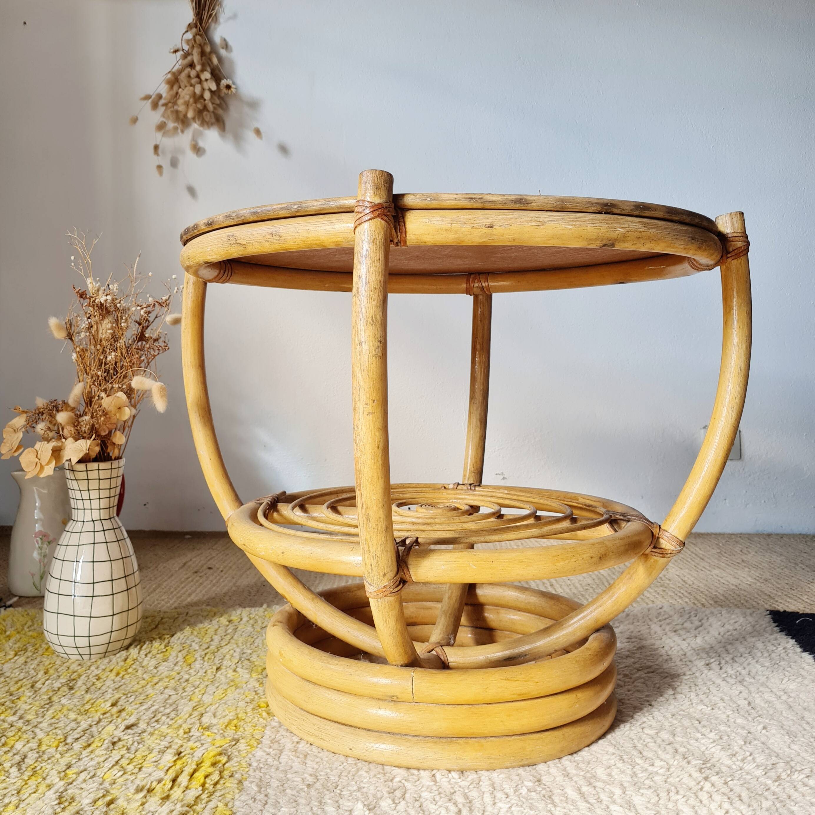 Vintage rattan side table with two round tops – 1960