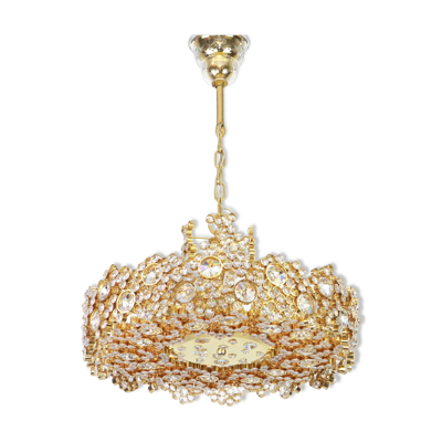 Lustre en laiton doré et verre cristal incrusté par Palwa, Allemagne, années 1970