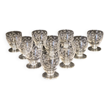 10 old port wine glasses in engraved art deco chiseled crystal
