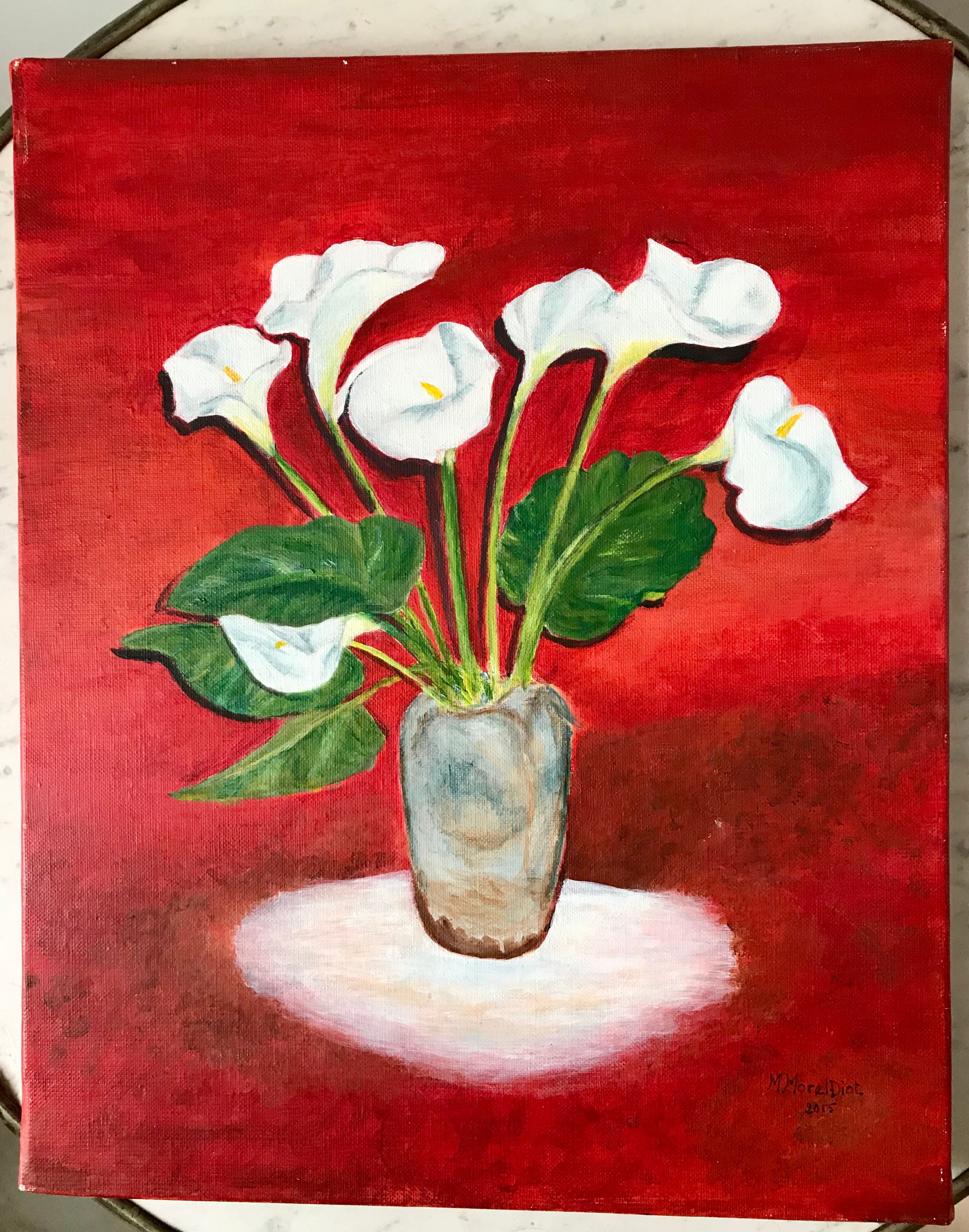 Oil on canvas bouquet of flowers on red background signed vintage