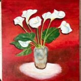 Oil on canvas bouquet of flowers on red background signed vintage