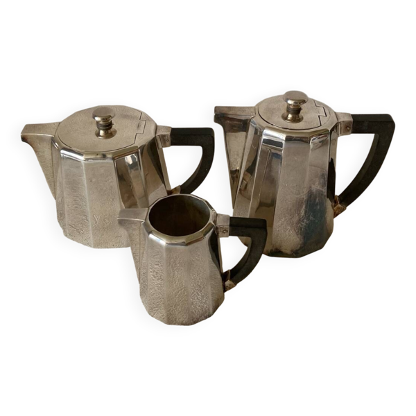 Ensemble Art Déco Verseuses à Café et à Thé + Pot à Lait Métal Argentés et Bakélite