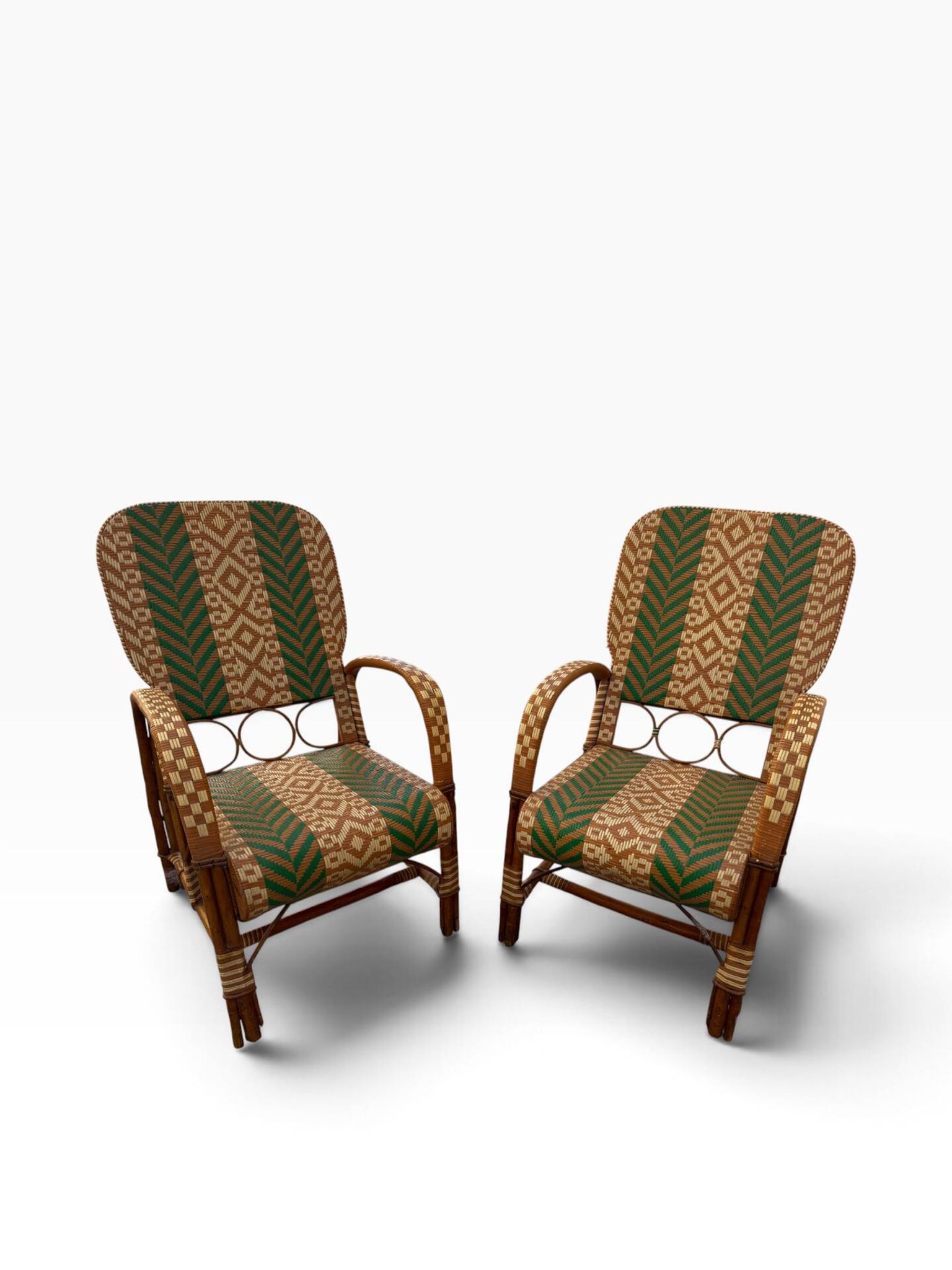 Fauteuils en rotin éclissé style Audoux Minet des années 50 F
