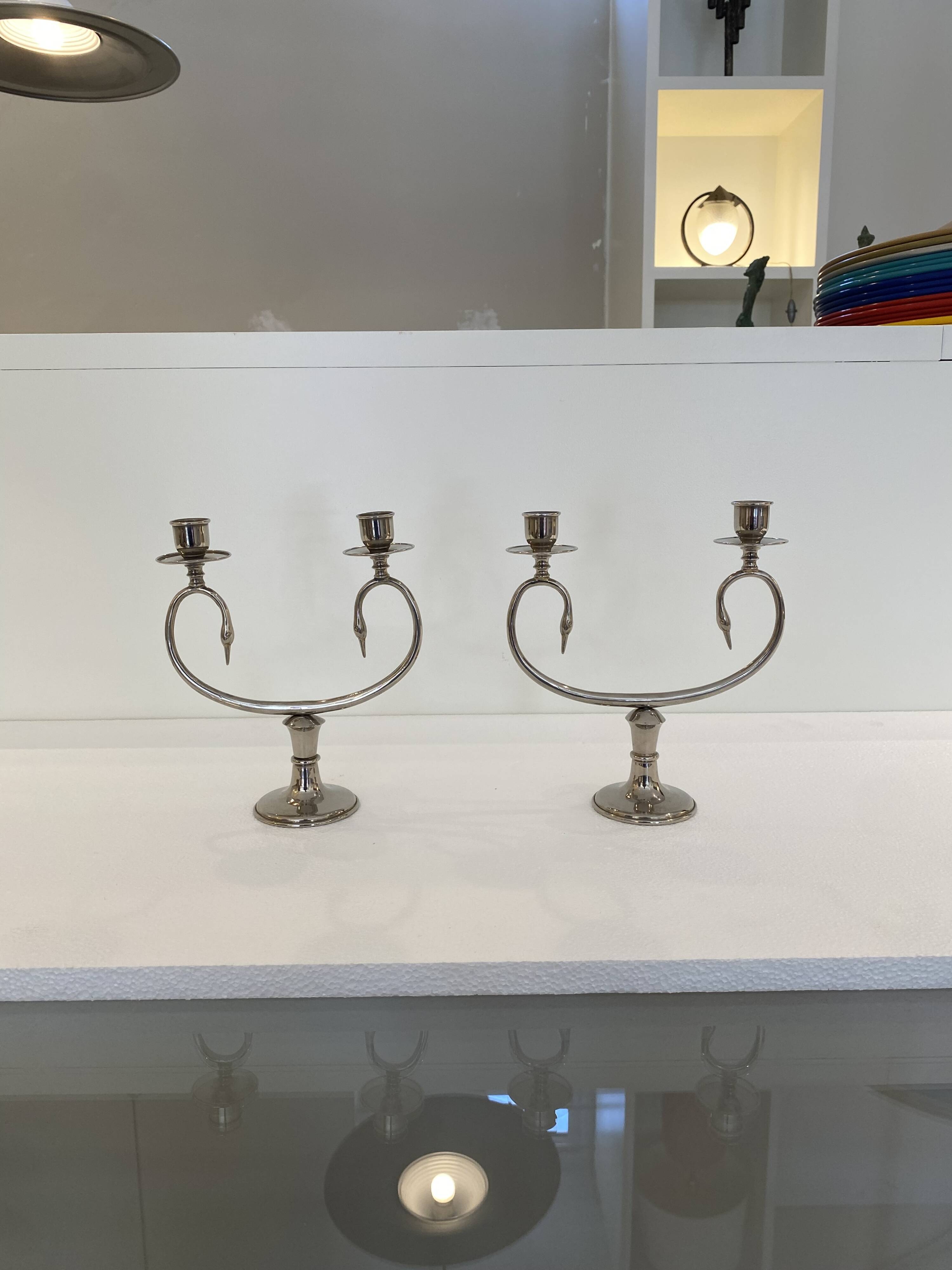 Silver Plated Pair Double Swan Candelabra Candleholders Sculptural 1970s