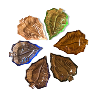 Coupelles (lots de 6) multicolores en verre forme feuille vintage 70'S