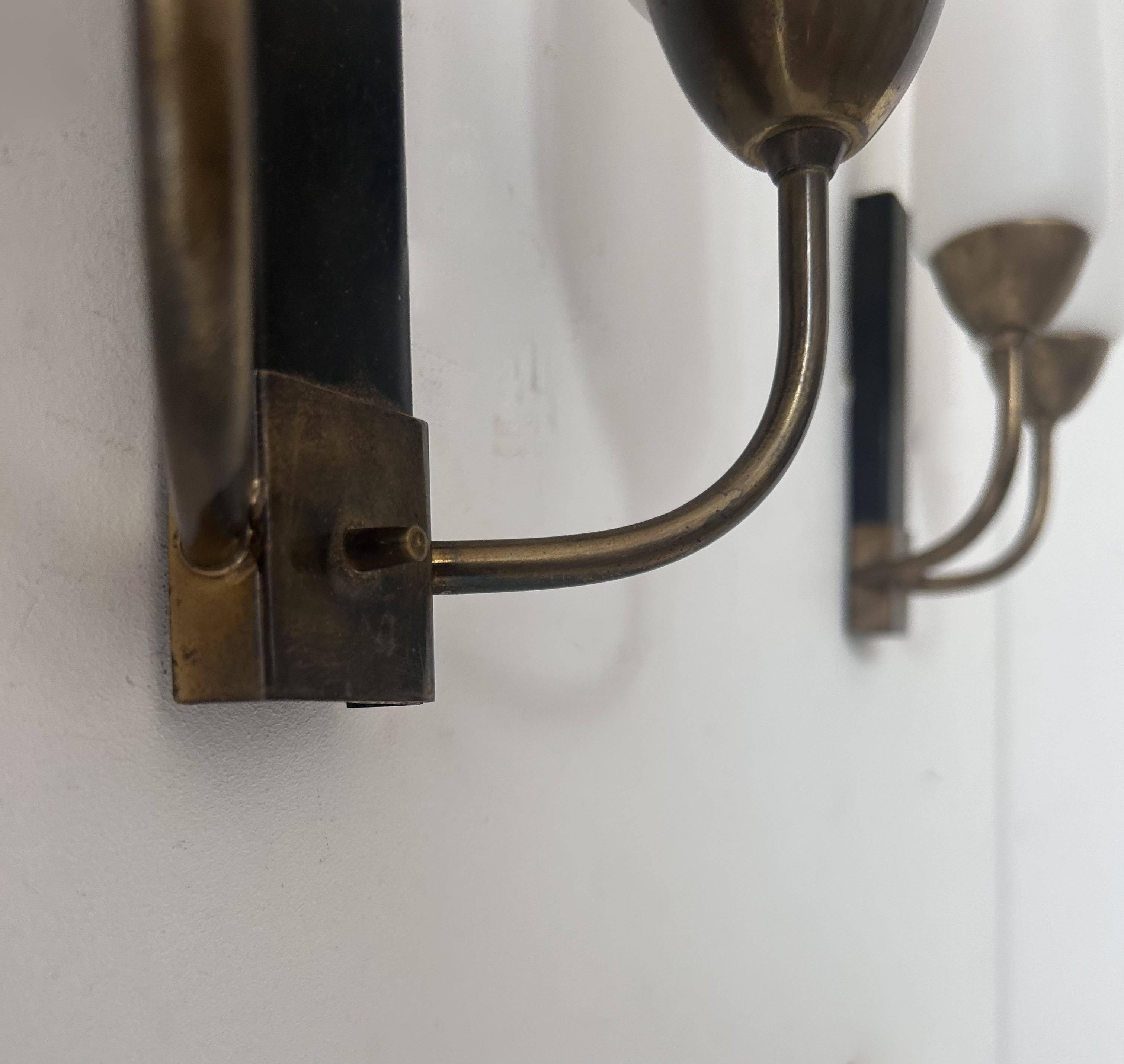 Pair of vintage double wall lights, brass and opaline, France 1950